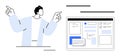 Person explaining interface design concept with gestures beside a detailed screen layout Royalty Free Stock Photo