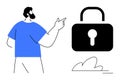 Person gesturing toward oversized lock symbolizing security and privacy protection Royalty Free Stock Photo