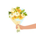 Person giving flowers bouquet. Romance and gift concept. Vector