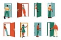 Person go out the door. Male female cartoon characters enter open close doorway, people leaving room standing outside