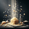person grating parmigiano regiano parmesan cheese on dark background illustration