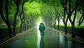 a person in a green raincoat walking down a street with trees lining the sides of the road and a per