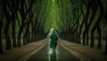 a person in a green raincoat walking down a tree lined path with a bag in hand and a green umbrella