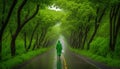 a person in a green raincoat is walking down a tree lined road with a white bag in the middle of the