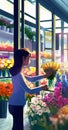 person in a greenhouse with flowers. woman collects a bouquet in a glassed flower shop