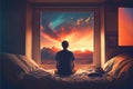 Person sitting on bed looking out window at amazing sunset