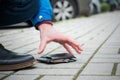 Person had lost leather wallet with money on the street Royalty Free Stock Photo