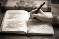 Person hand doing drawing in journal. Close up shot, unrecognizable person.