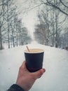 Person hand holding a cup of fresh  hot coffee outdoors in the winter park in a cold snowy morning. Close up vertical lifestyle Royalty Free Stock Photo