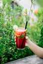 A person hand holding a glass of fruit-infused drink outdoors Royalty Free Stock Photo