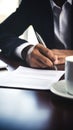 person hand holding a pen, signing a contract on desk with a laptop and coffee cup in the background Royalty Free Stock Photo