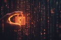 person hand hovering over a glowing digital padlock. symbolizing secure data. By generative Ai