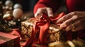 a person hand tying a red ribbon on a gold gift box with Christmas decorations in the background