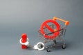 person is handcuffed to a symbol NO on a supermarket cart. A person is limited by laws, rules and traditions. Censorship