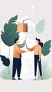 A person handing over a gift to another person, flat illustration