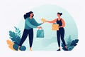 A person handing over a gift to another person, flat illustration
