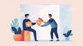 A person handing over a gift to another person, flat illustration