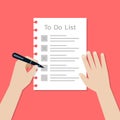 Person hands holding a pen and writing on the to do list paper, Vector Illustration in flat style Royalty Free Stock Photo