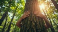 Person hands hugging tree, nature connection, love for environment Royalty Free Stock Photo