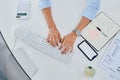 Person, hands and keyboard for planning finance, accounting and taxes management with phone screen mockup. Business Royalty Free Stock Photo