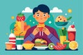 A person is happily exploring an array of customizable foods with vibrant fruits and drinks around, Eating different foods Royalty Free Stock Photo