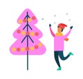 Person Have Fun Near Abstract Decorated Pink Tree