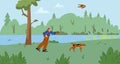 Person and hawking glove hunting with falcon bird and dog in the forest near the lake, vector cartoon Falconry training Royalty Free Stock Photo