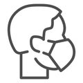 Person head with respirator or mask line icon. Masked person outline style pictogram on white background. Coronavirus