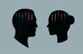 Person head silhouette with equalizer symbol, neural impulse abstract sign, music media library icon, brain research lab