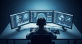 Hacker wearing headphones working on multiple computer screens with digital cybersecurity and network monitoring data Royalty Free Stock Photo