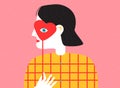 Person with heart mask on face. Love feeling. Mental health concept. Abstract vector illustration for people mood and states of