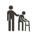 Person helping old patient. Vector flat glyph icon illustration. Nursing home, senior and elders support, healthcare for the older