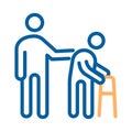 Person helping old patient. Vector thin line icon illustration. healthcare for the older people