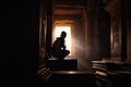 person, hidden in the shadows of ancient temple, finding treasure and treasures