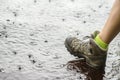 Person in hiking boots walking on water in the rain Royalty Free Stock Photo