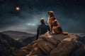 A person with his golden retriever pet looking a starry sky