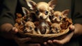 person holding a basket full of newborn chihuahua puppies Royalty Free Stock Photo