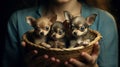 person holding a basket full of newborn chihuahua puppies Royalty Free Stock Photo