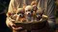 person holding a basket full of newborn chihuahua puppies Royalty Free Stock Photo