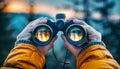 Person Holding Binoculars with Reflected Landscape. Generative ai Royalty Free Stock Photo