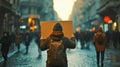 Person Holding Blank Cardboard Sign in Misty Urban Street