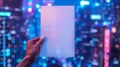 A person holding a blank piece of paper in front of city lights, AI