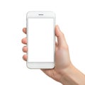 Person holding a blank smartphone displaying an empty screen with a white device Royalty Free Stock Photo