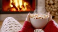 A person holding a bowl of popcorn in front of the fire, AI Royalty Free Stock Photo