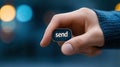 A person holding a button that says send, AI Royalty Free Stock Photo