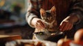 A person holding a cat in their hands while they are cooking, AI Royalty Free Stock Photo