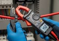 A person is holding a clamp meter and pliers, measuring electrical current in a red cable. The Royalty Free Stock Photo