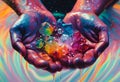 a person holding colored crystals in their hands with a liquid stream coming out