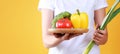 Person holding colorful vegetables empty space yellow background,organic food,online market Royalty Free Stock Photo