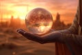 A person holding a crystal ball in their hand. Generative AI image. Royalty Free Stock Photo